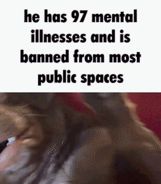 a picture of a dog next to a text that says he has 97 mental illnesses and is banned from most public spaces