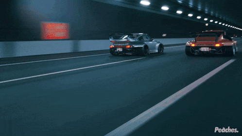 two cars are driving down a highway with the words peaches on the bottom