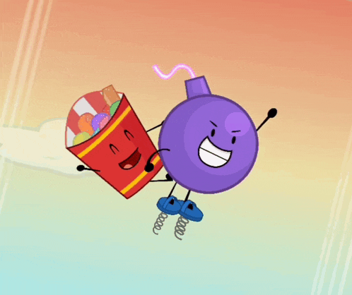 a red bucket of candy and a purple bomb are flying in the air