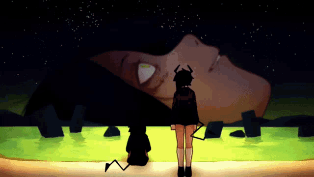 a girl with horns is standing in front of a painting of a woman