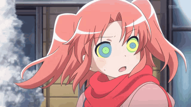 a girl with a scarf around her neck looks surprised