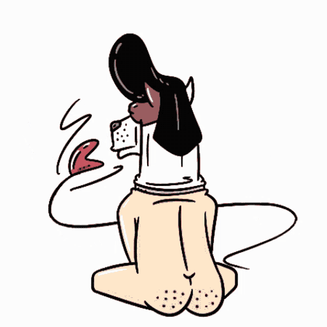 a cartoon of a woman kneeling down with a red hat on her head