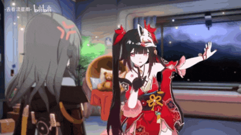 a girl in a red dress is standing next to another girl in a room with the word bilibili on the bottom right
