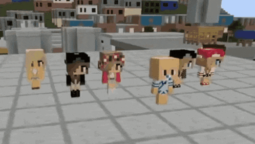 a group of minecraft characters are standing on a roof