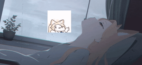 a drawing of a girl laying in front of a window with a picture of a cat behind her