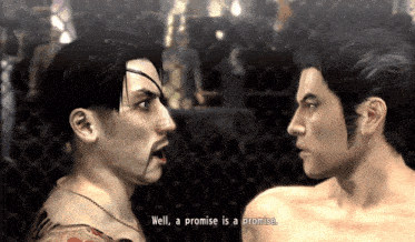 a video game screen shows two men fighting and one of them says well a promise is a promise