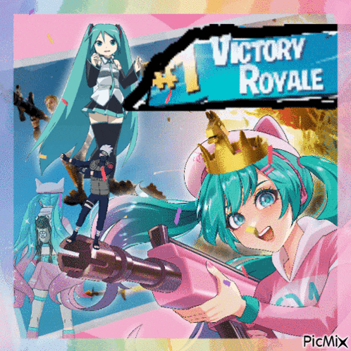 a picture of a girl holding a gun with the words victory royale on the top