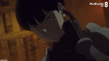 a poster for kaiju no. 8 shows a boy holding a gun