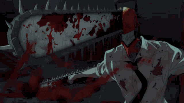 a cartoon character is holding a chainsaw with blood coming out of his mouth