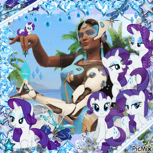 a picture of a woman surrounded by purple and white ponies with picmix at the bottom