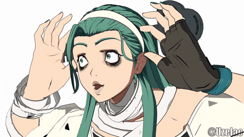 a drawing of a girl with green hair and a glove that says nylon / nylon