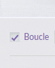 a white box with the word boucle and a purple check mark