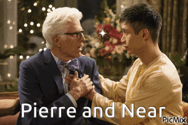 a man in a suit and bow tie is talking to another man with the caption pierre and near