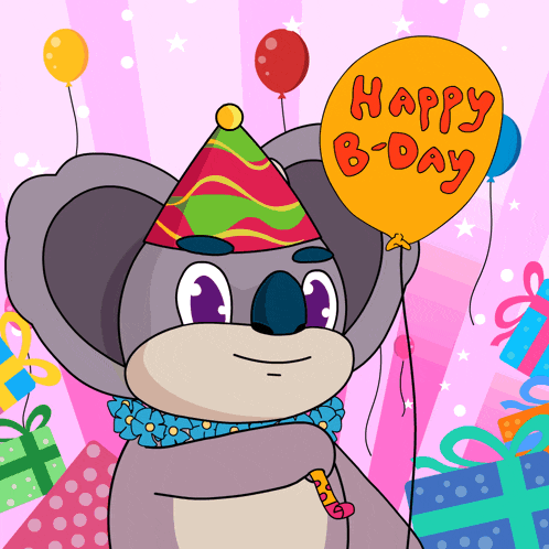 a cartoon koala wearing a party hat holds a balloon that says happy b-day
