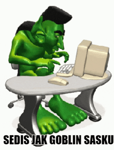 a cartoon of a green goblin sitting at a desk typing on a keyboard