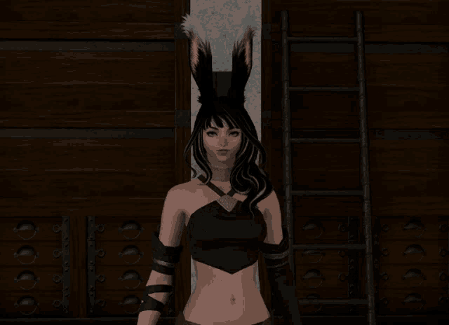 a woman with bunny ears is standing in front of a wall