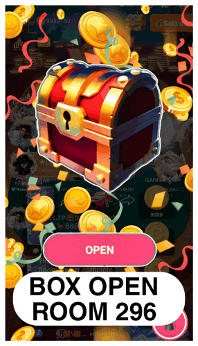 a treasure chest is surrounded by gold coins and a box open room 296 button