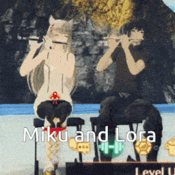 miku and lora are playing flutes together in a video game