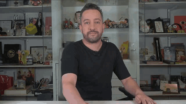 a man in a black shirt stands in front of a shelf full of stuffed animals and toys