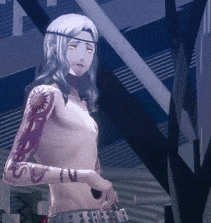a shirtless anime character has a tattoo on his arm that says ' s ' on it