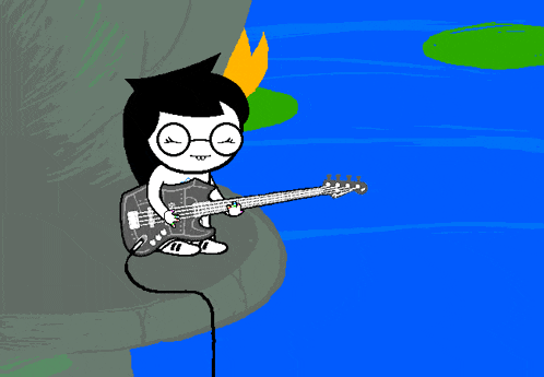 a cartoon drawing of a girl playing a bass guitar