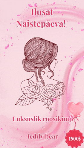a pink background with a drawing of a woman holding roses