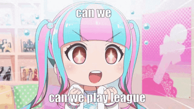 a little girl with pink and blue hair is holding a video game controller and says can we play league