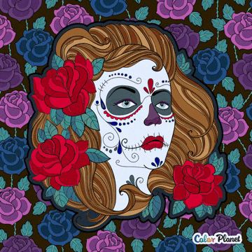 a day of the dead coloring page with a woman with sugar skull makeup
