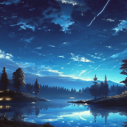 a painting of a lake with trees in the background