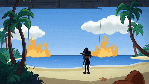 a cartoon of a man standing on a beach with flames coming out of the ocean