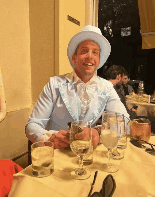 a man sitting at a table with glasses of water