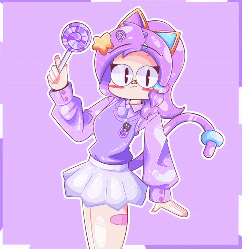 a drawing of a girl in a cat costume holding a purple lollipop