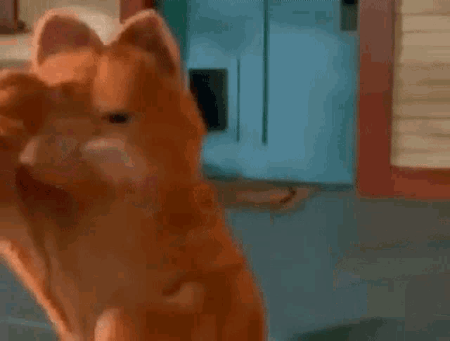 a cartoon dog is standing in front of a blue door