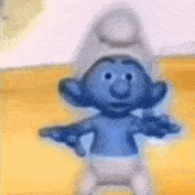 a blue smurf is standing on a yellow surface .