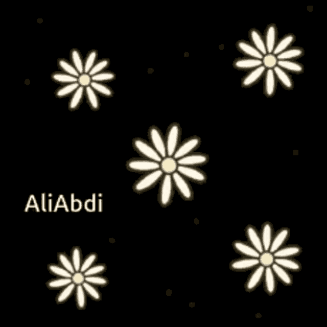 white flowers on a black background with the name aliabdi