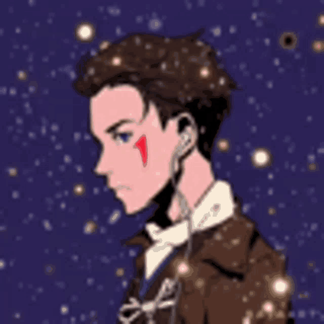 a man with a red arrow on his face is wearing ear buds and standing in front of a starry sky .