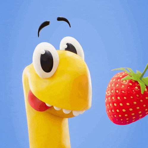 a cartoon character is looking at a strawberry with a blue background