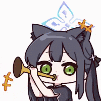 a cartoon girl is playing a trumpet with green eyes .