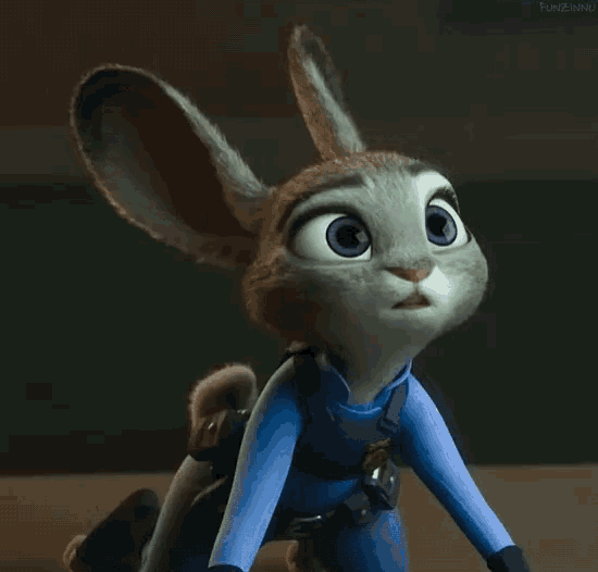 a close up of a cartoon rabbit with the words funzinnu written on the bottom