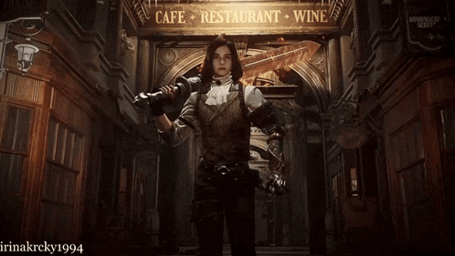 a woman is standing in front of a cafe restaurant wine sign