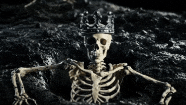 a skeleton wearing a silver crown is laying in the dirt