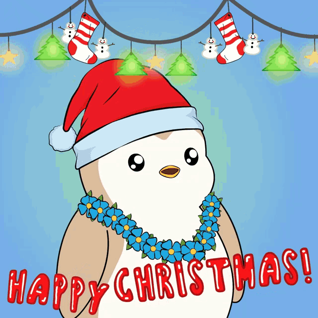 a christmas card with a penguin wearing a santa hat and a blue flower lei
