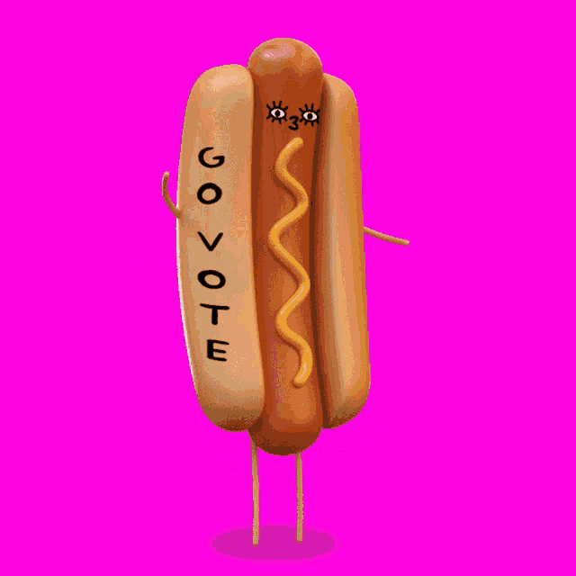 a hot dog with mustard on it that says go vote on it
