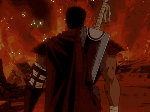 a man in a red cape holding a sword stands in front of a fire
