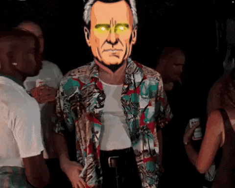 a man in a colorful shirt is standing in a crowd of people with yellow eyes