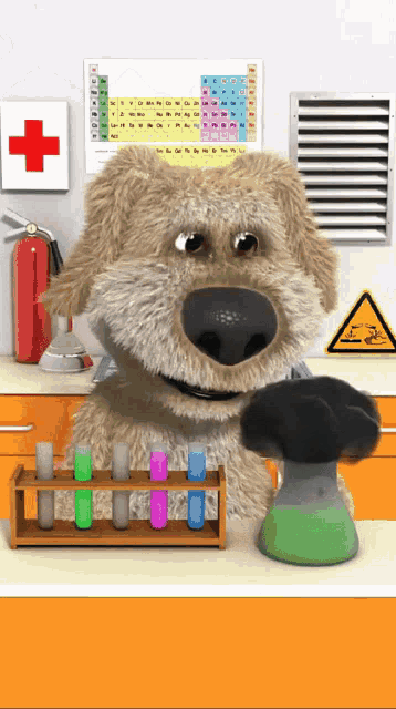 a cartoon dog is standing in front of a test tube rack