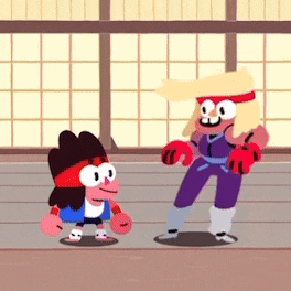 two cartoon characters are standing next to each other in a gym .