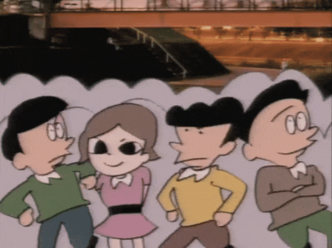 a group of cartoon characters are standing next to each other in front of a bridge
