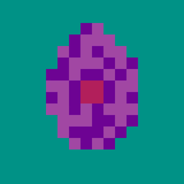 it looks like a pixel art of a purple egg with a red center .