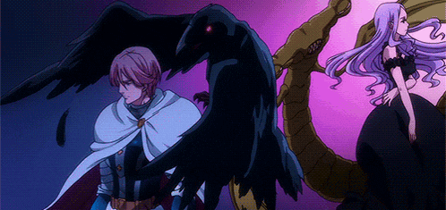 a man in a white cape stands next to a woman in a black dress and a crow